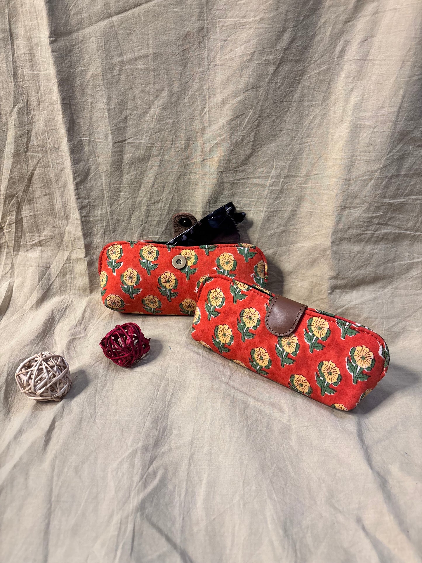 Orange Yellow Hand Block Print Eyewear Case