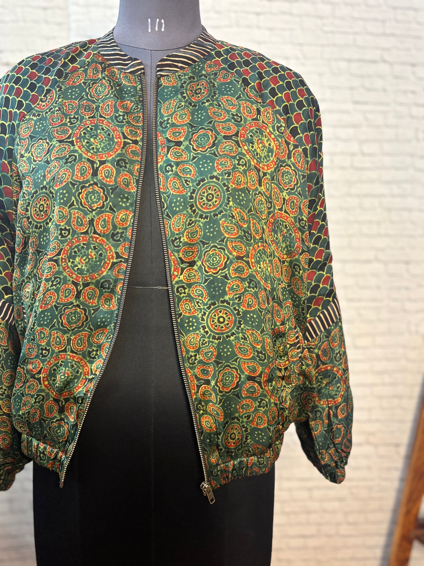 Green Red Modal Silk Ajrakh Unisex Bomber Jacket