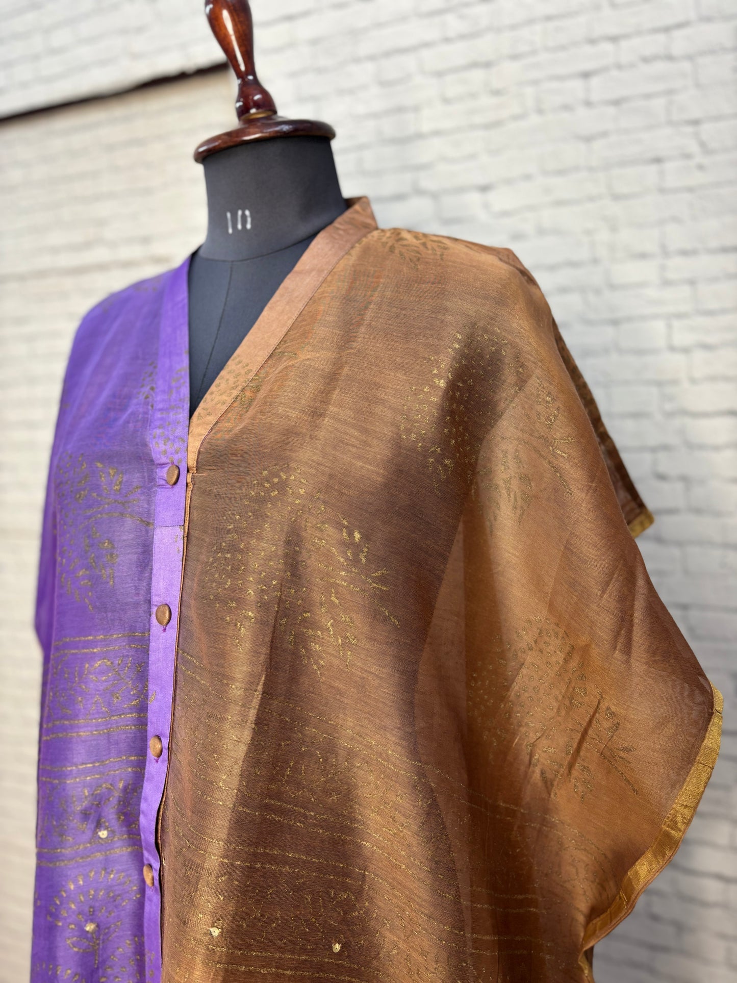 Purple Brown Hand Block Print Chanderi Shirt Kaftan with Sequin Detailing