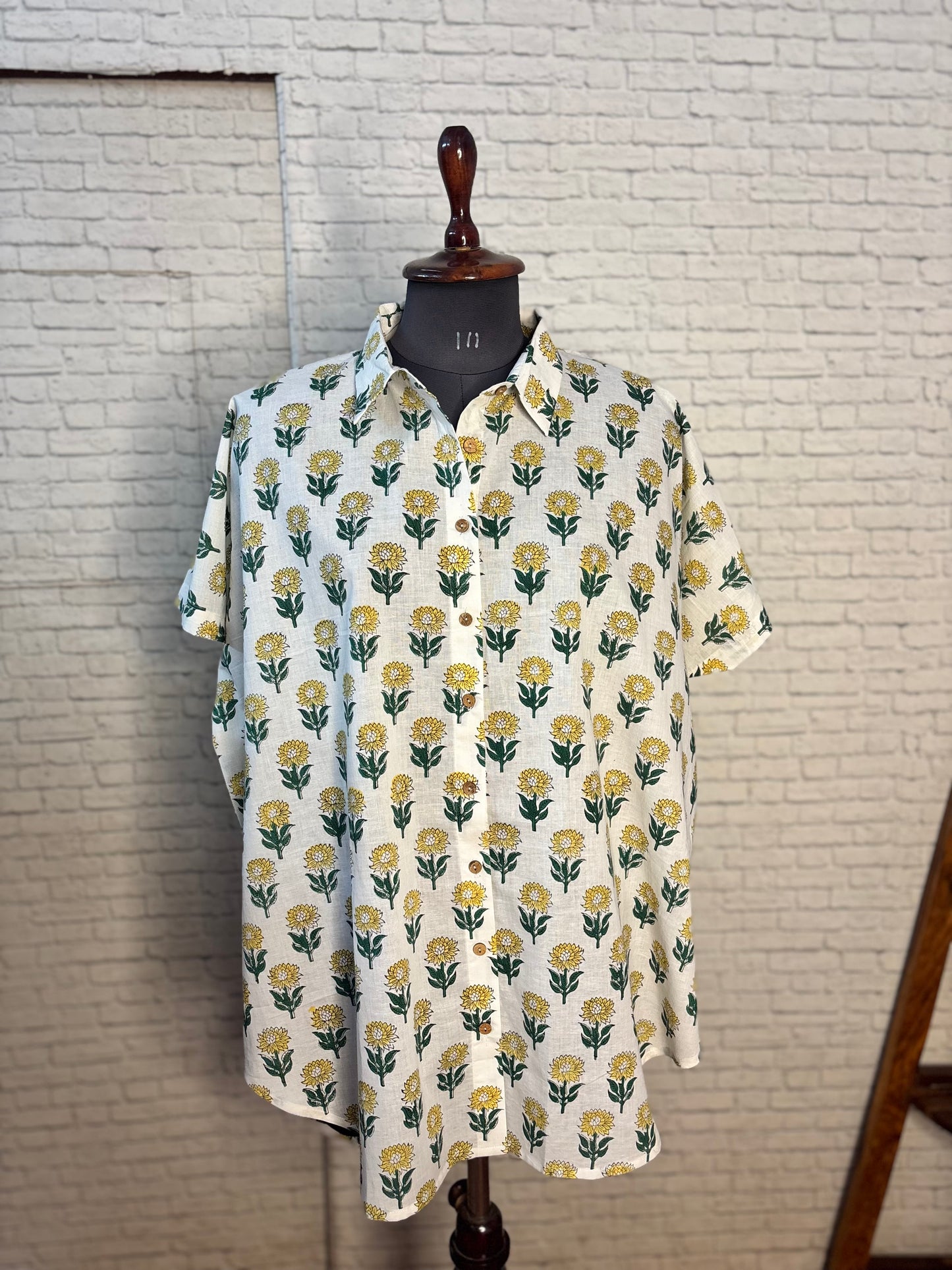 Mustard Green Cotton Hand Block Printed High-Low Shirt Kaftan