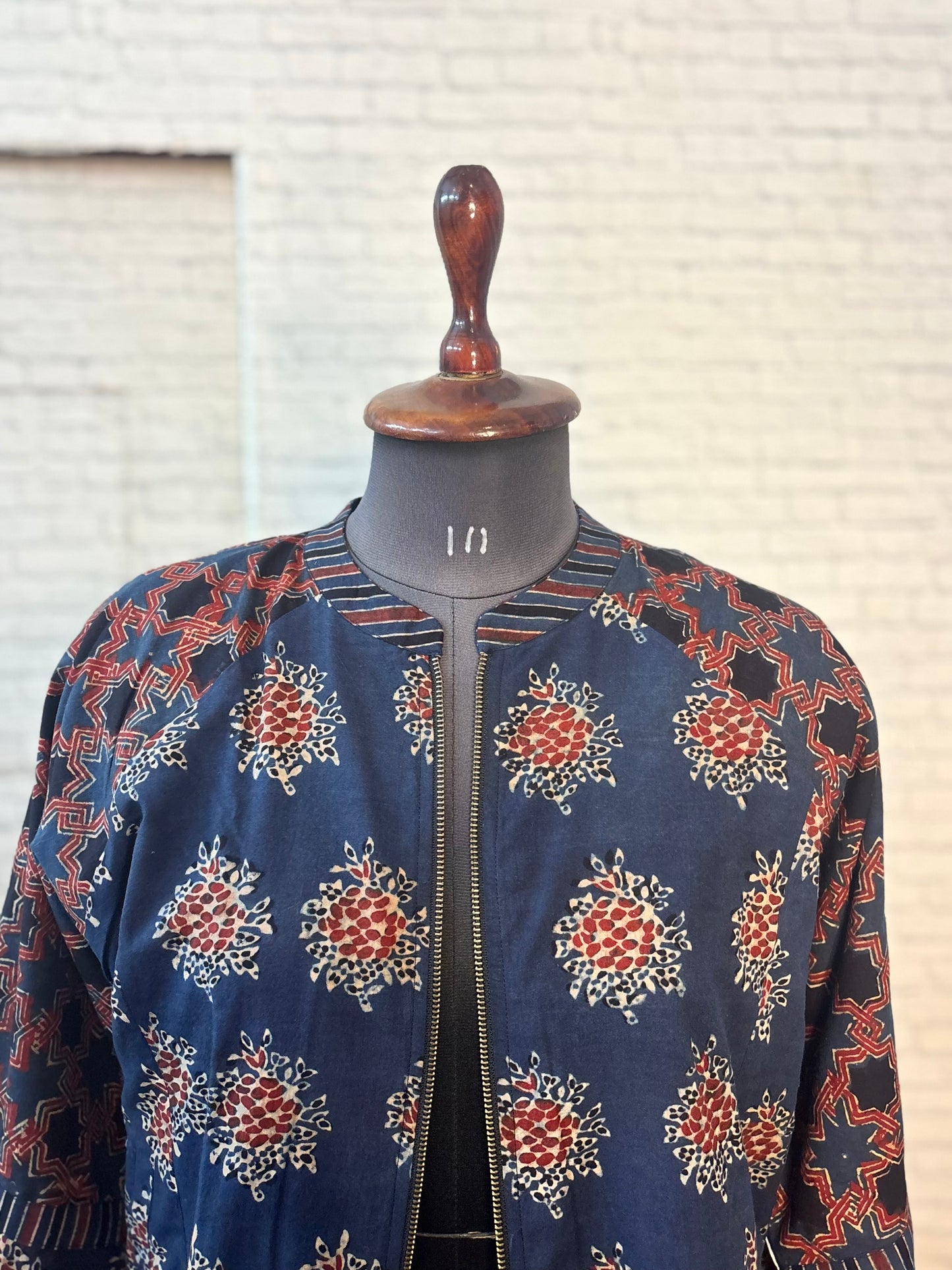 Indigo Ajrakh Hand Block Printed Unisex Bomber Jacket