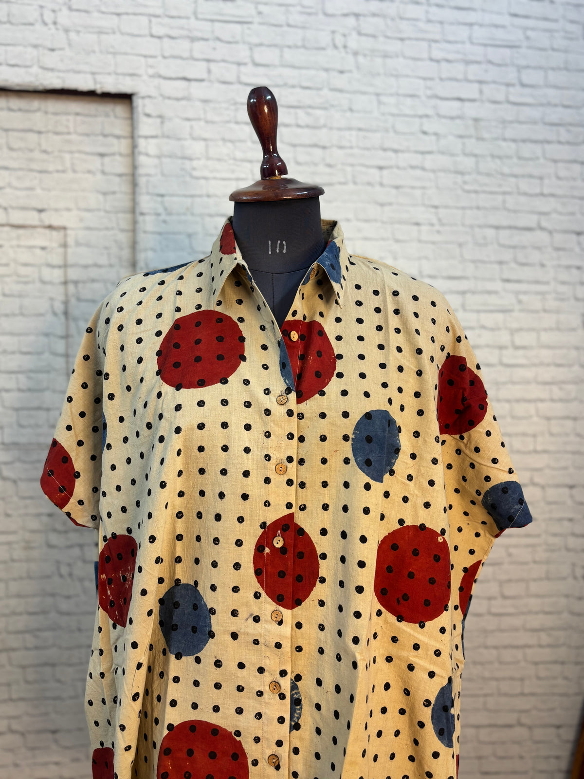 White Ajrakh Dots Hand Block Printed Cotton High Low Shirt Kaftan