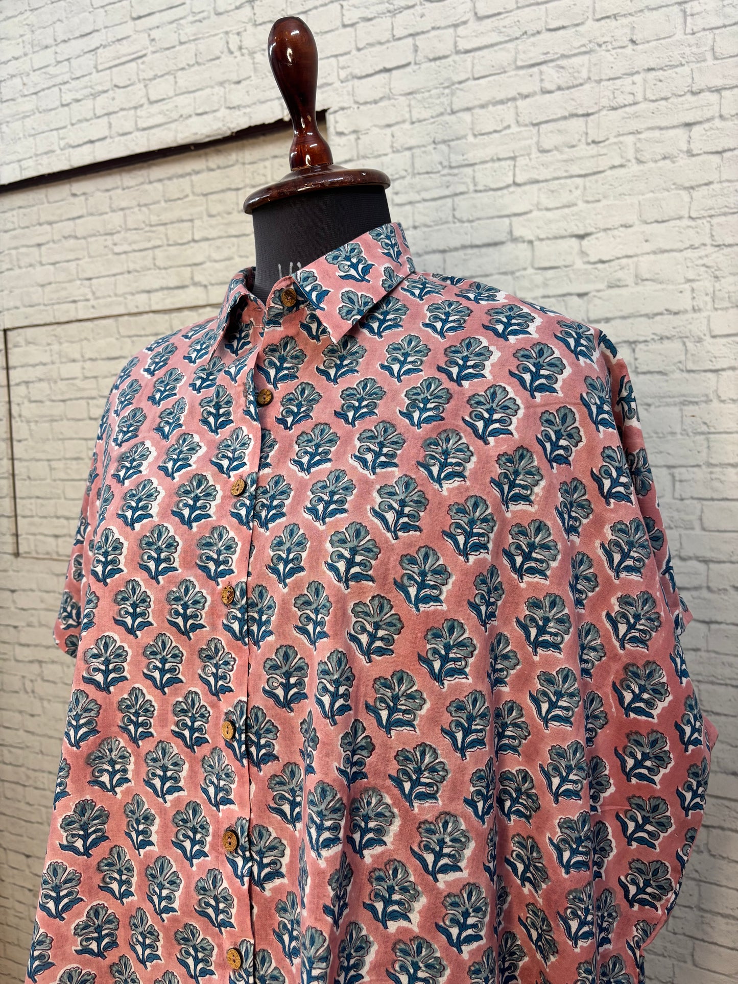 Peach Teal Hand Block Printed Cotton High Low Shirt Kaftan