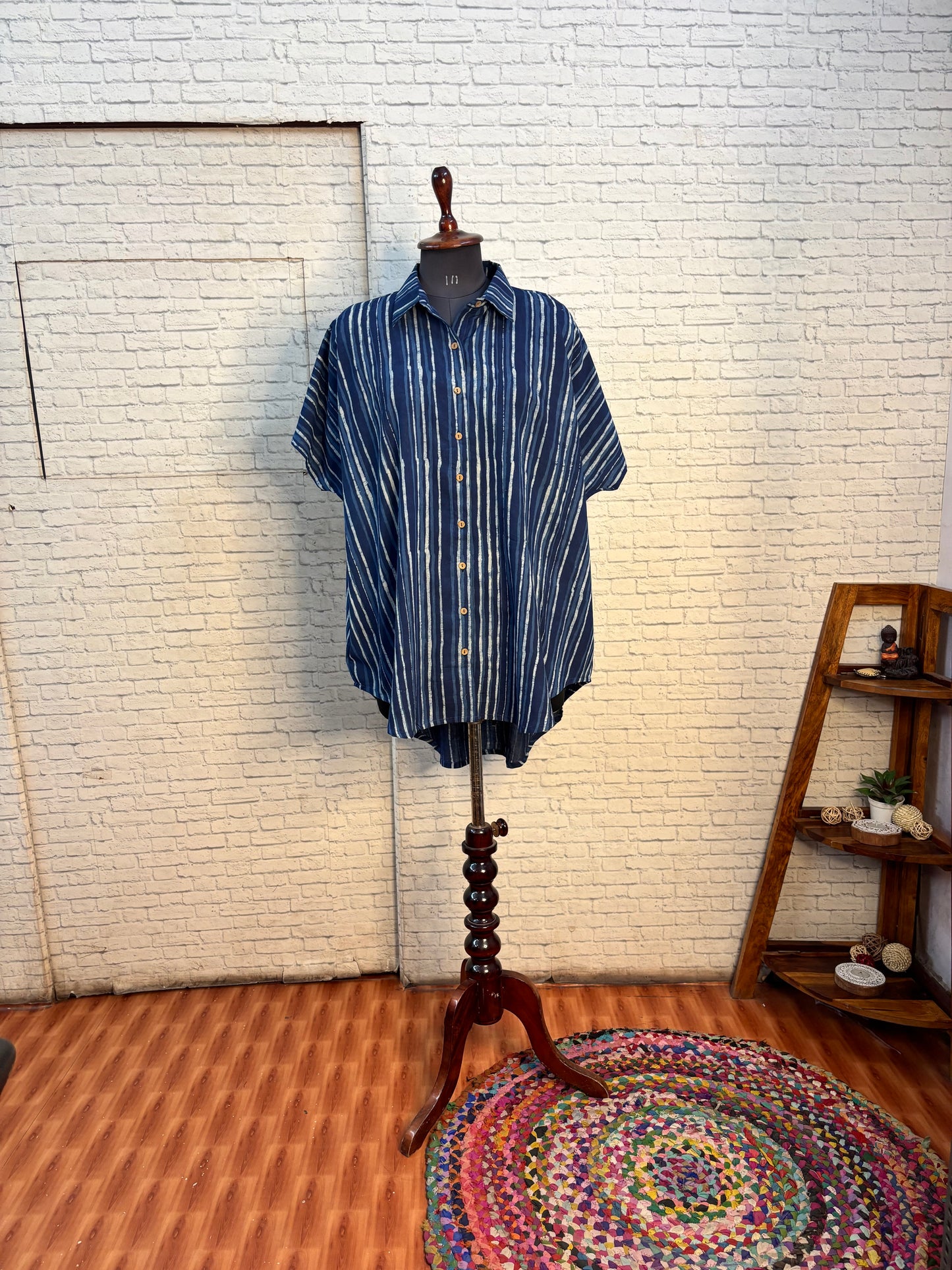 Indigo White Stripes Dabu  Cotton High Low Shirt Kaftan
