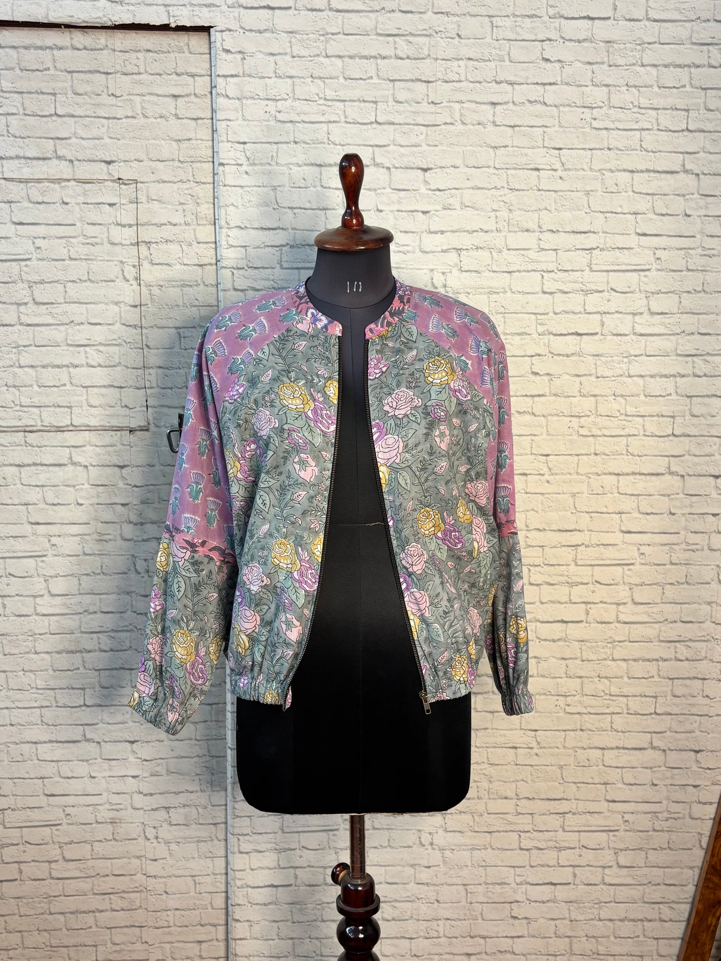 Grey Mauve Hand Block Printed Unisex Bomber Jacket