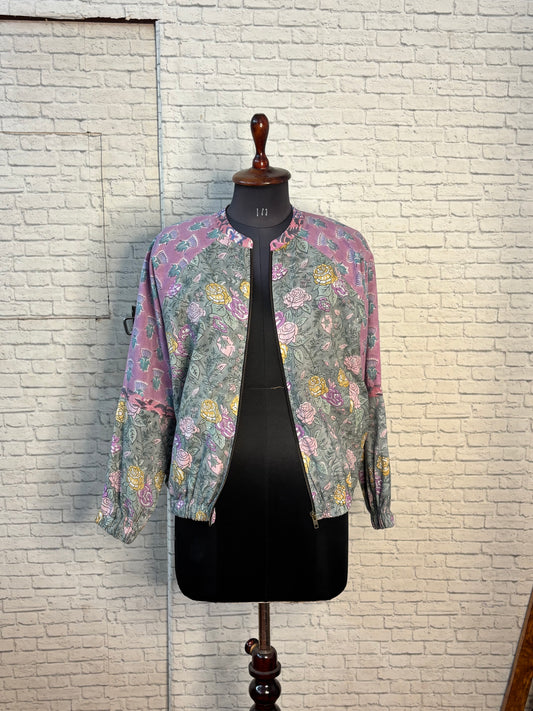 Grey Mauve Hand Block Printed Unisex Bomber Jacket