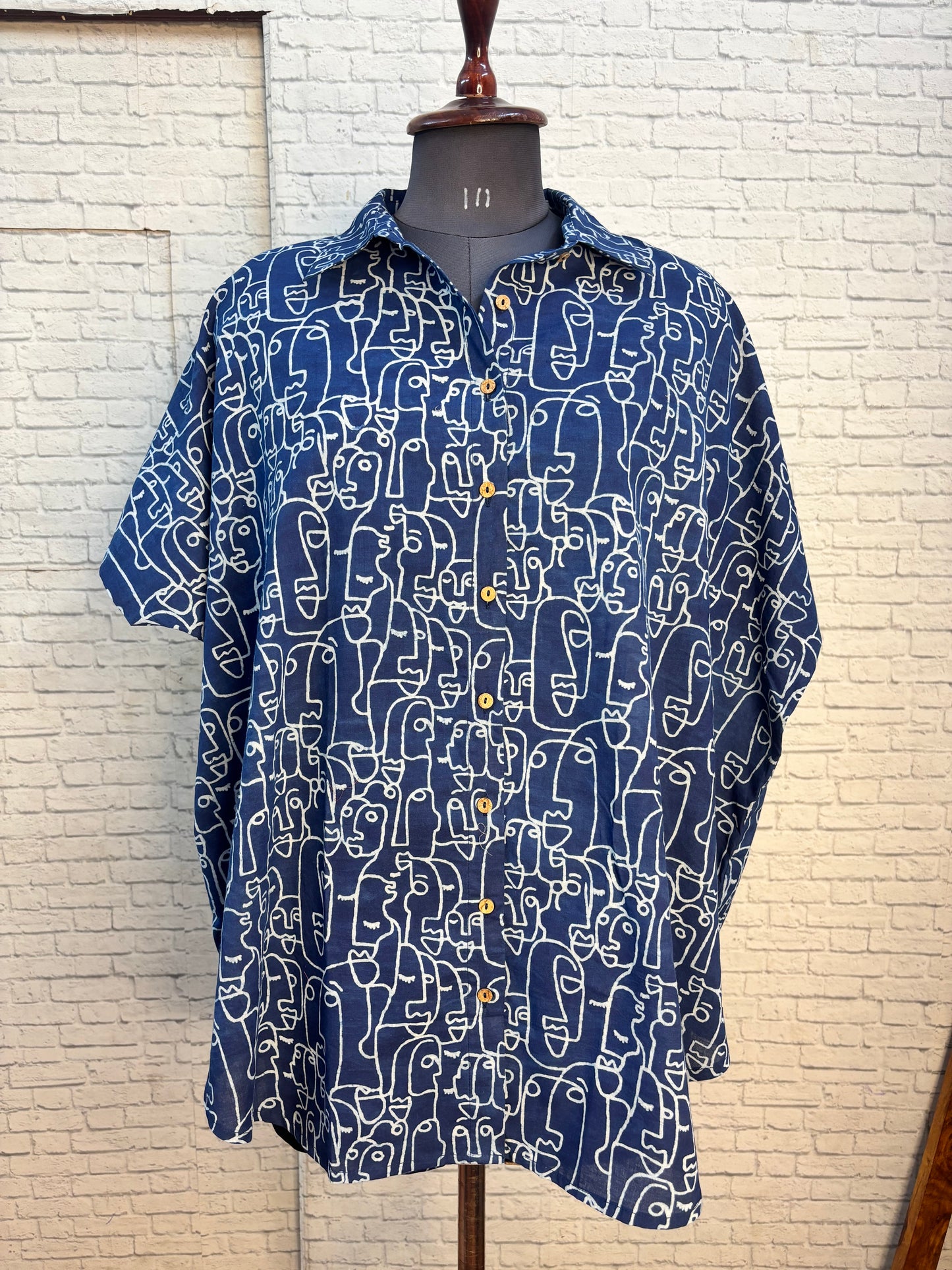 Indigo Faces Hand Block Printed Cotton High Low Shirt Kaftan