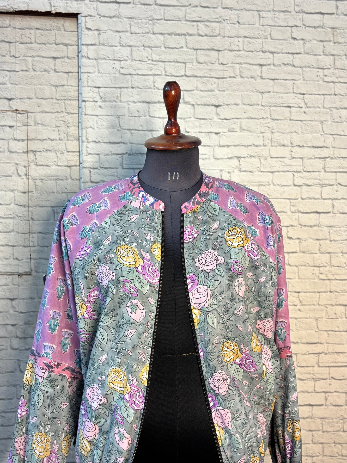 Grey Mauve Hand Block Printed Unisex Bomber Jacket