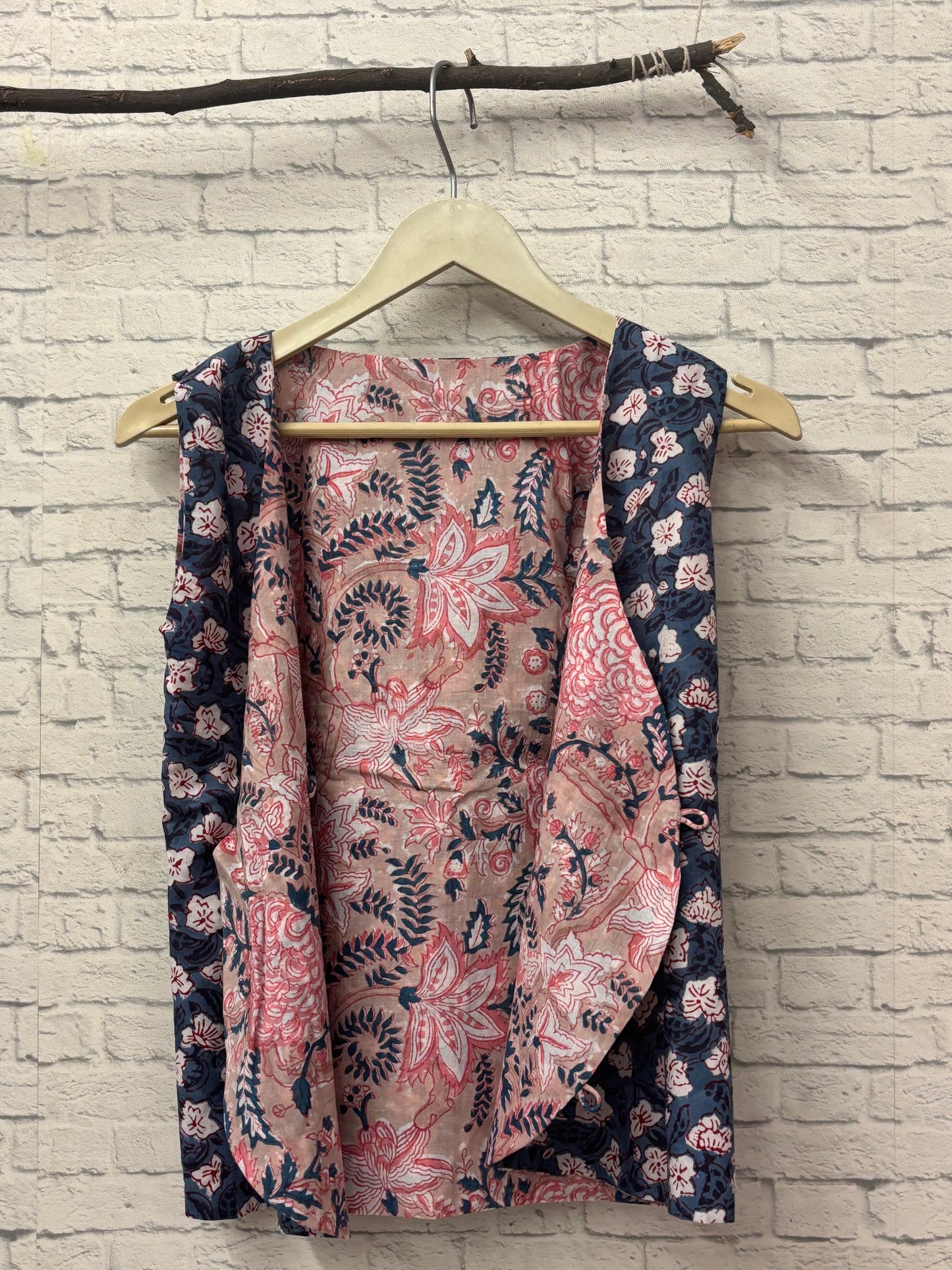 Brown Blue Hand Block Printed Reversible Waistcoat