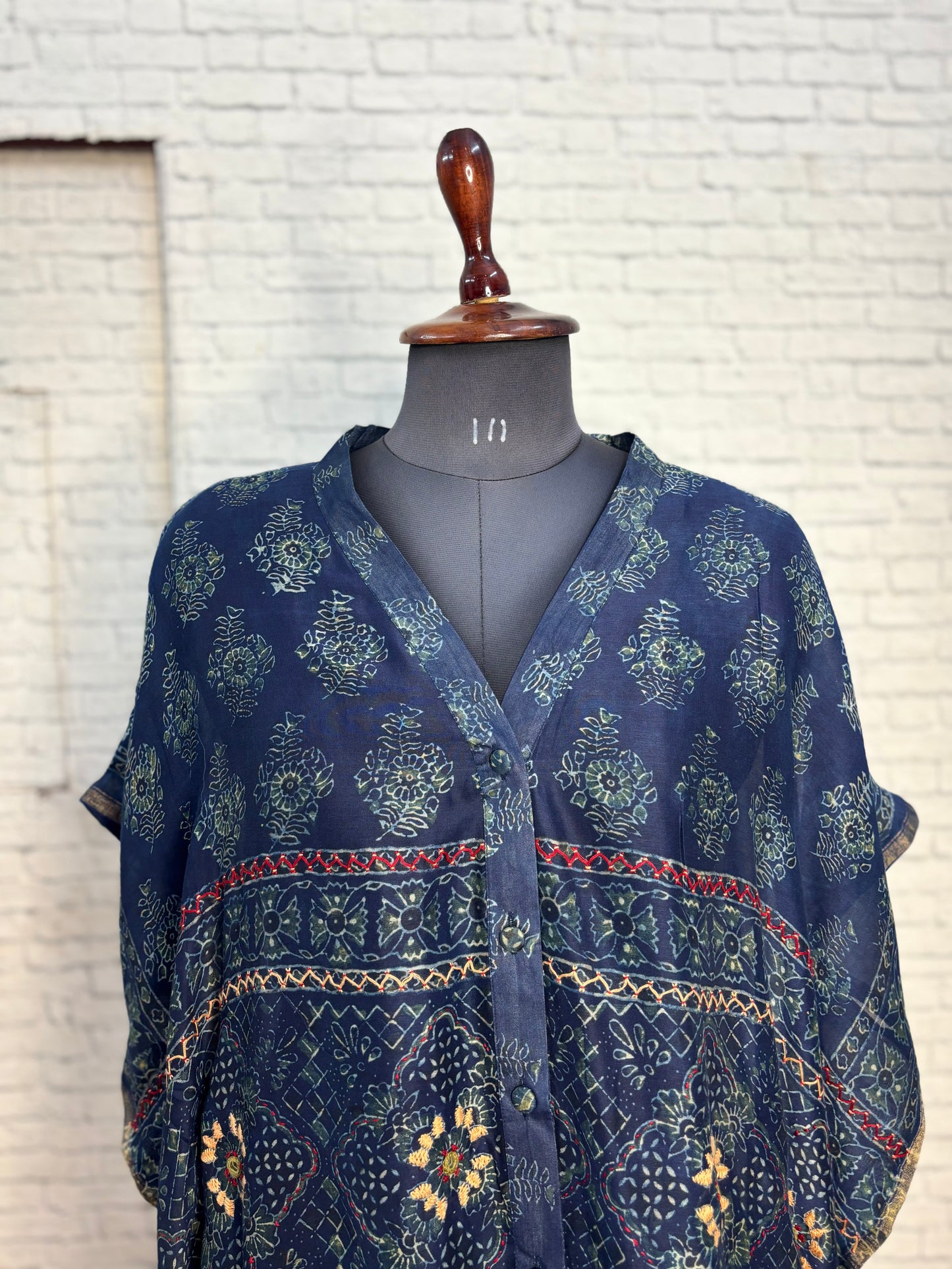 Indigo Green Ajrakh Chanderi Shirt Kaftan with Hand Embroidery