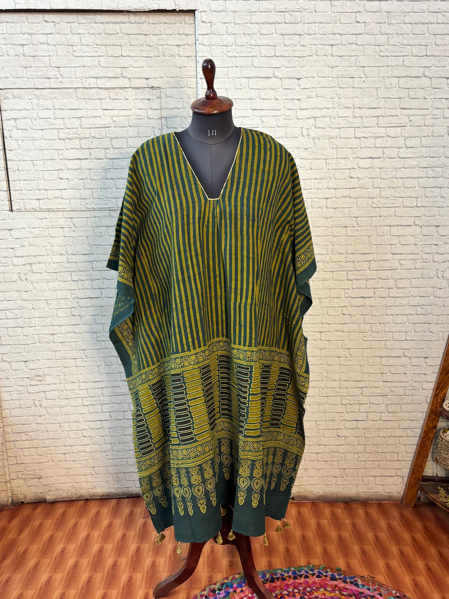 Green Ajrakh Long Kaftan with Gather and Tassels