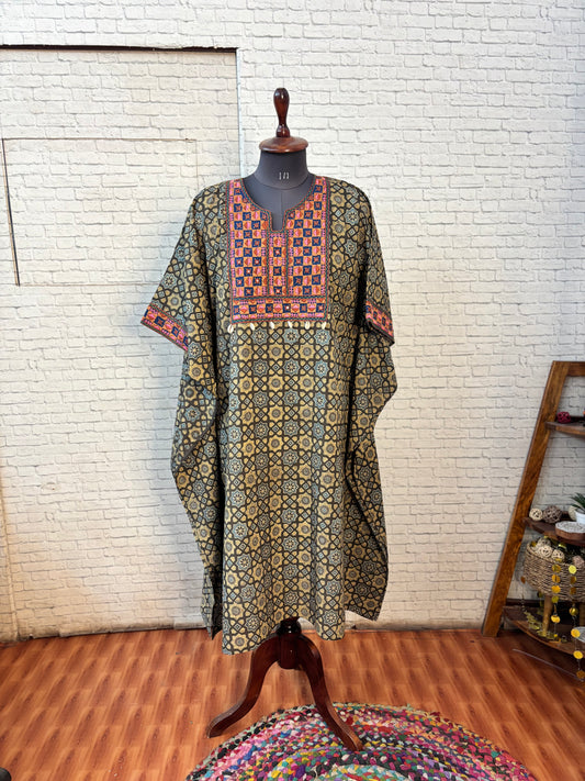 Brown Ajrakh Hand Embroidered Patch Kaftan
