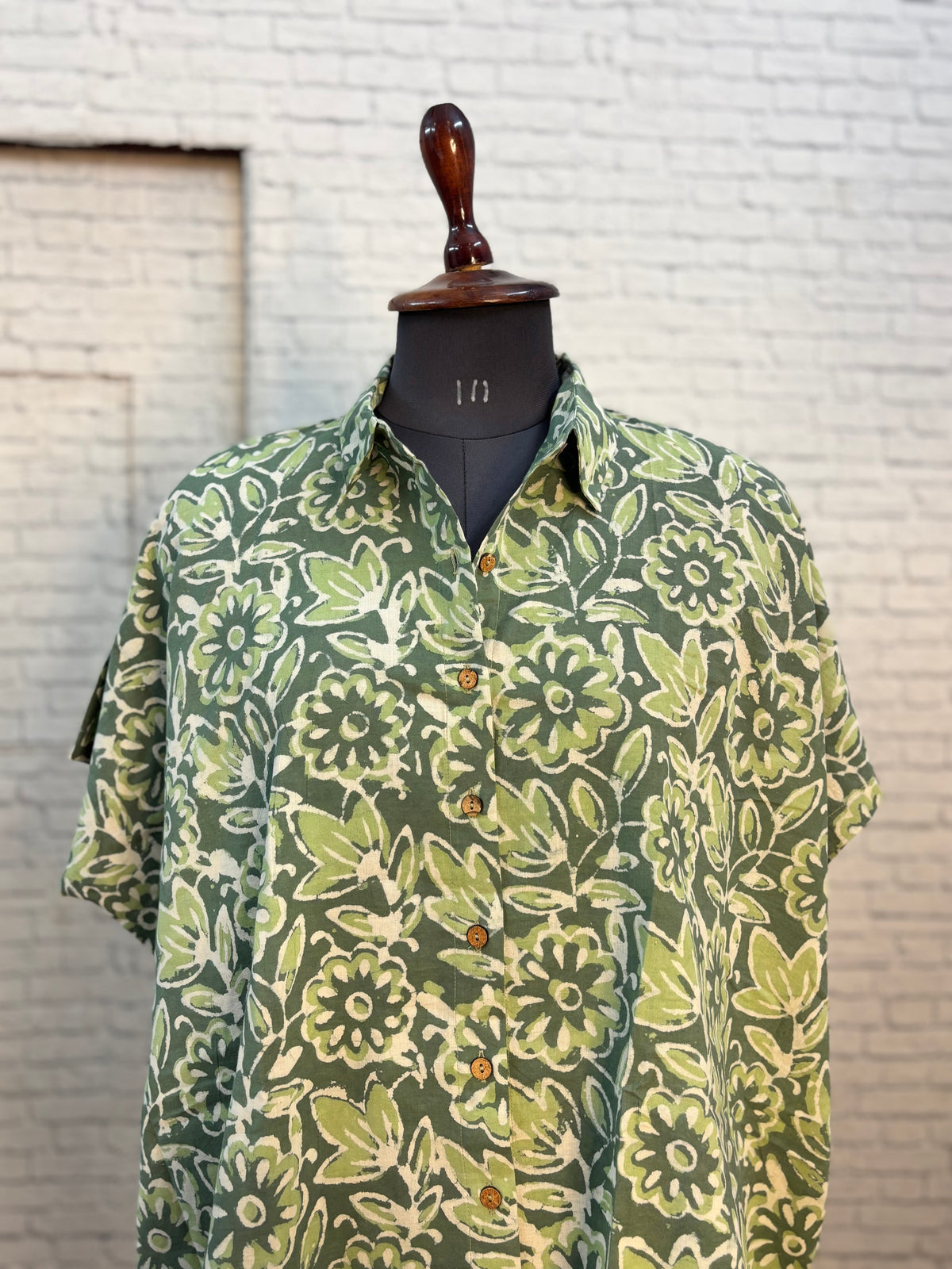 Green Floral Dabu Hand Block Printed Cotton High Low Shirt Kaftan