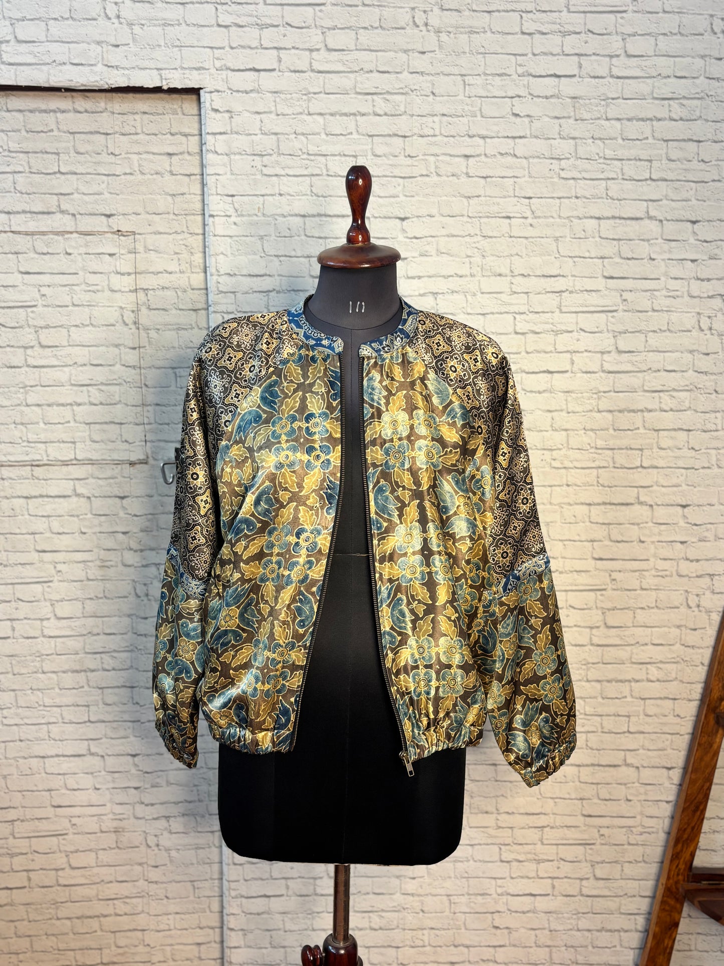 Brown Green Mashru Silk Ajrakh Unisex Bomber Jacket