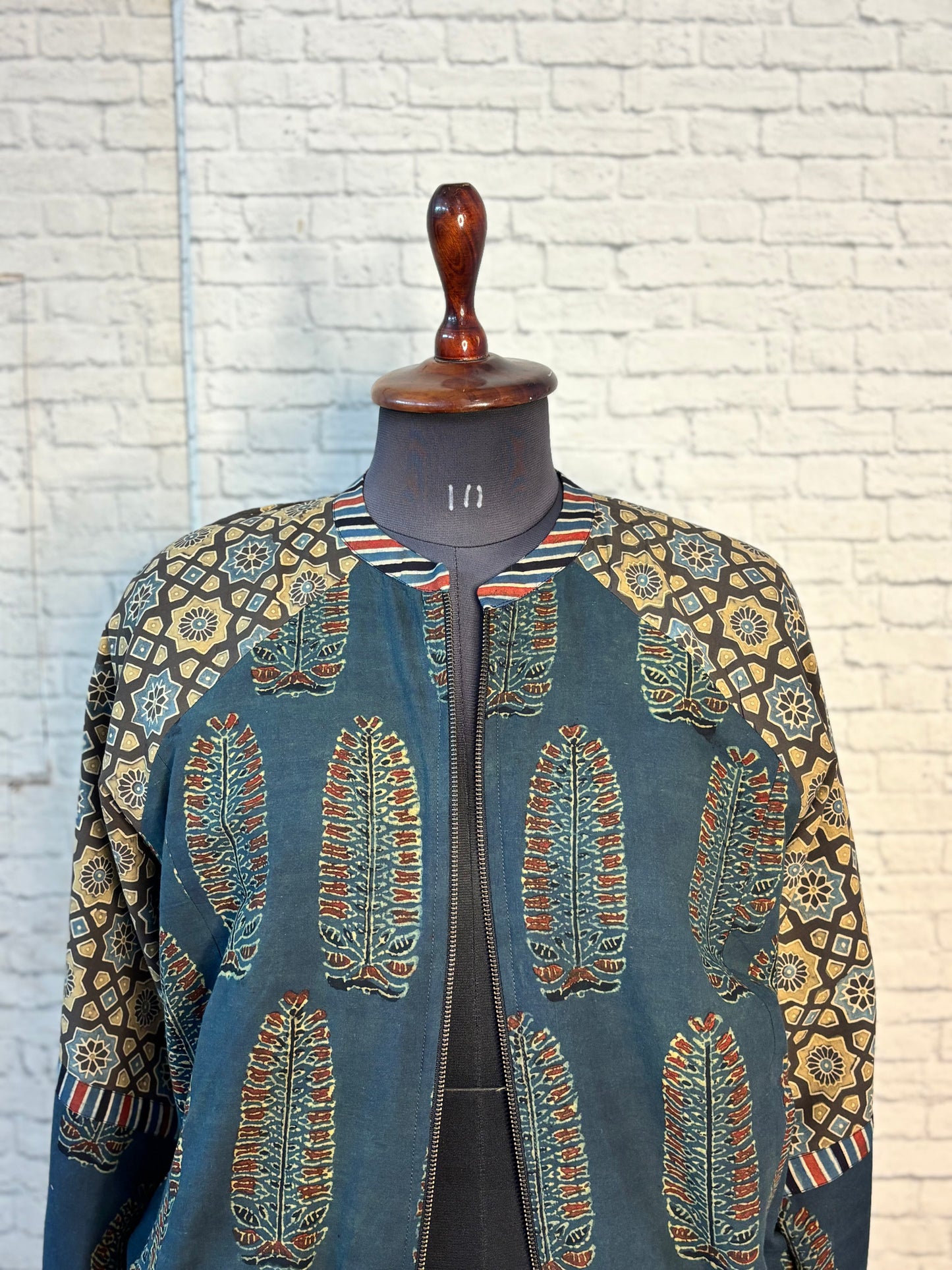 Green Brown Hand Block Printed Unisex Bomber Jacket