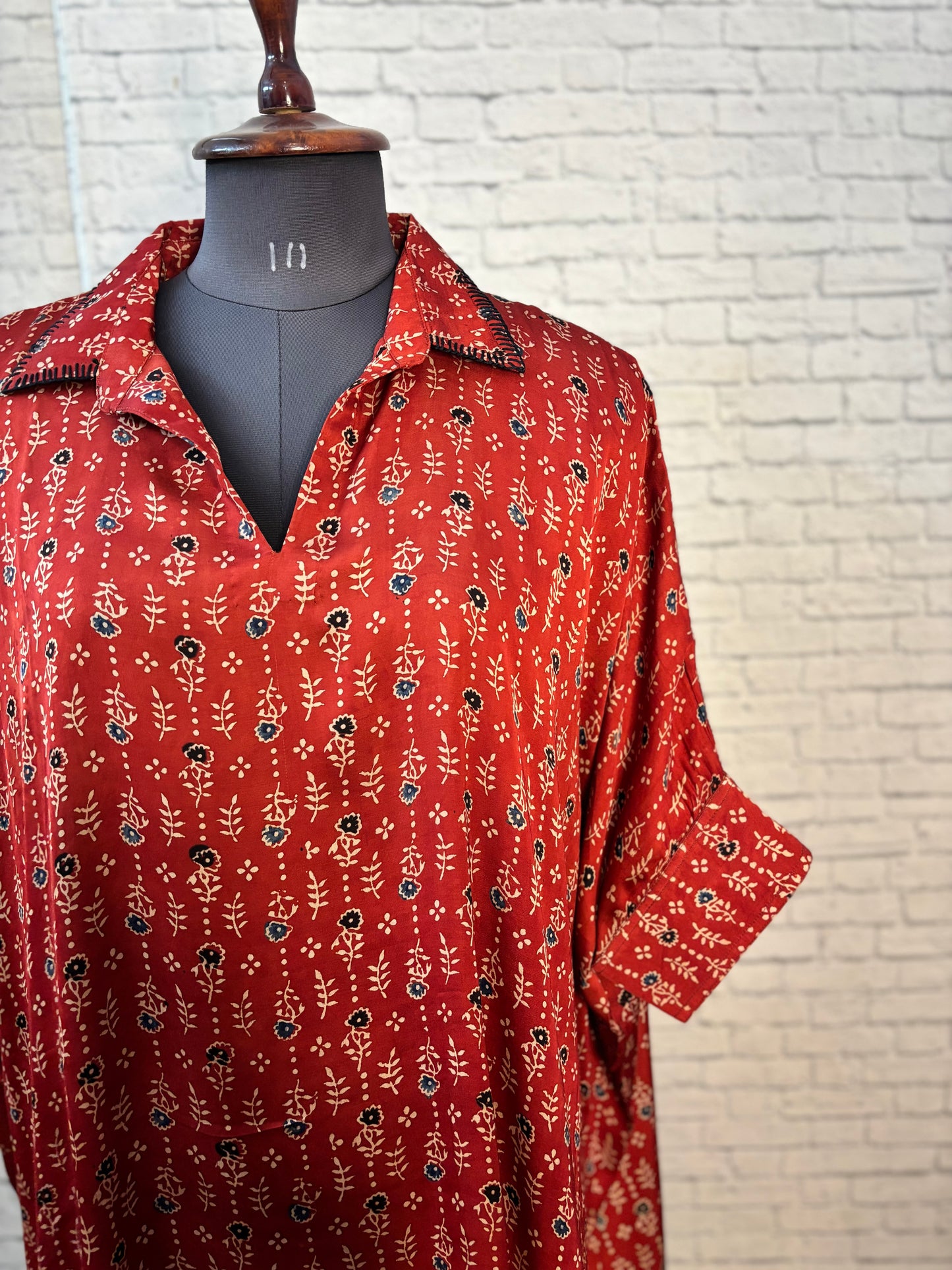 Red Flower Modal Silk Ajrakh Kaftan Top
