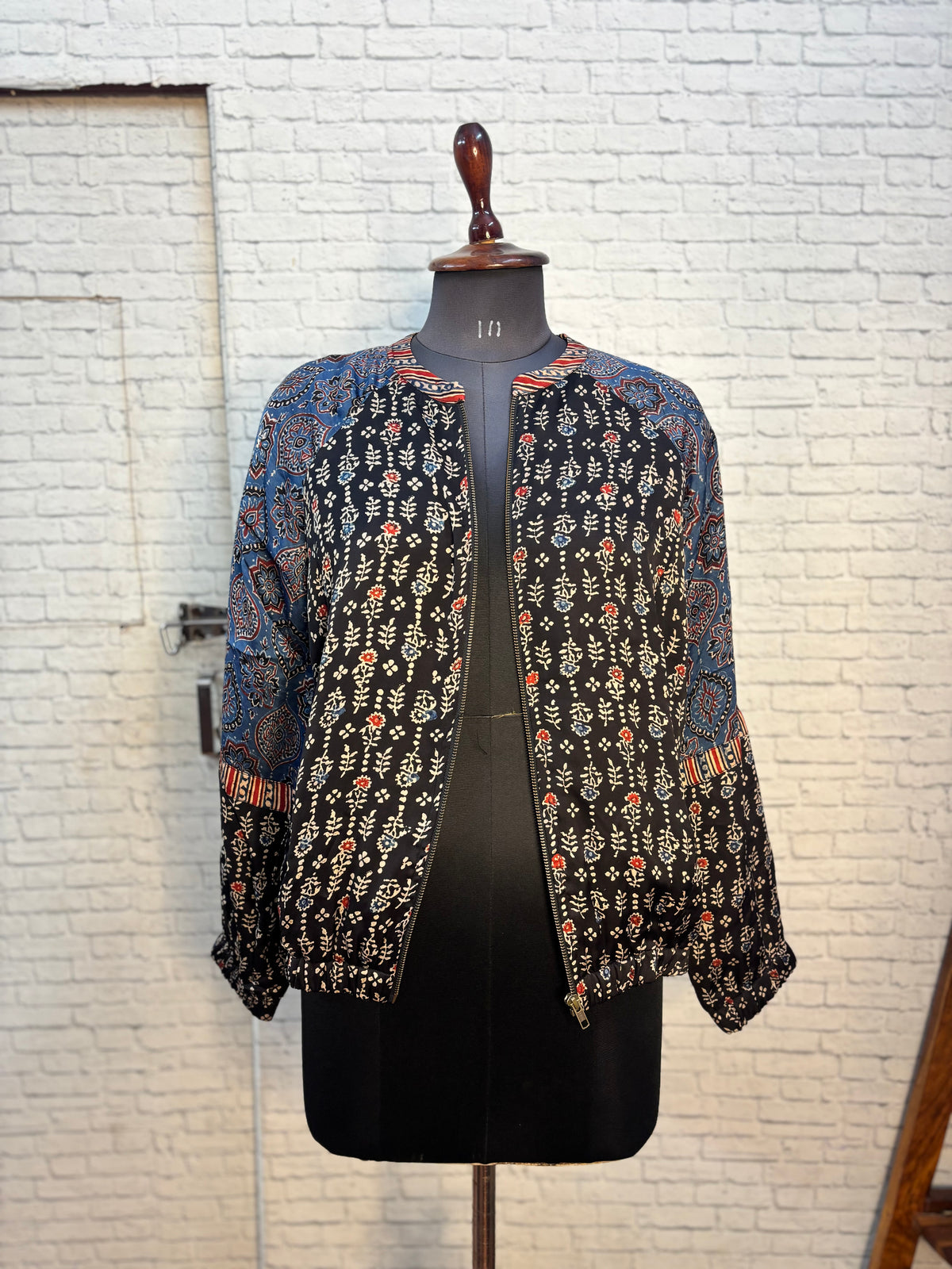 Black Modal Silk Ajrakh Unisex Bomber Jacket