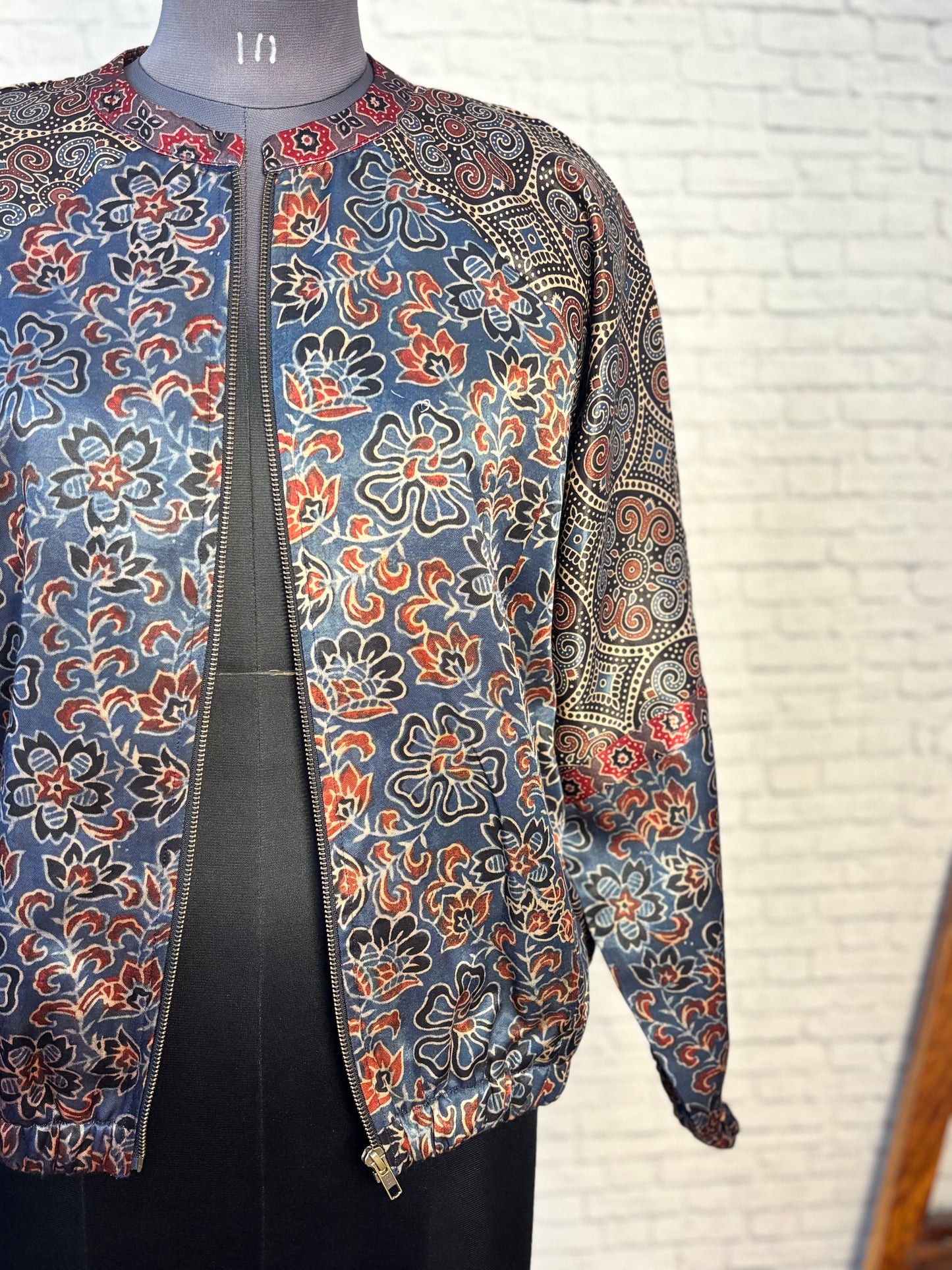 Indigo Black Mashru Silk Ajrakh Unisex Bomber Jacket