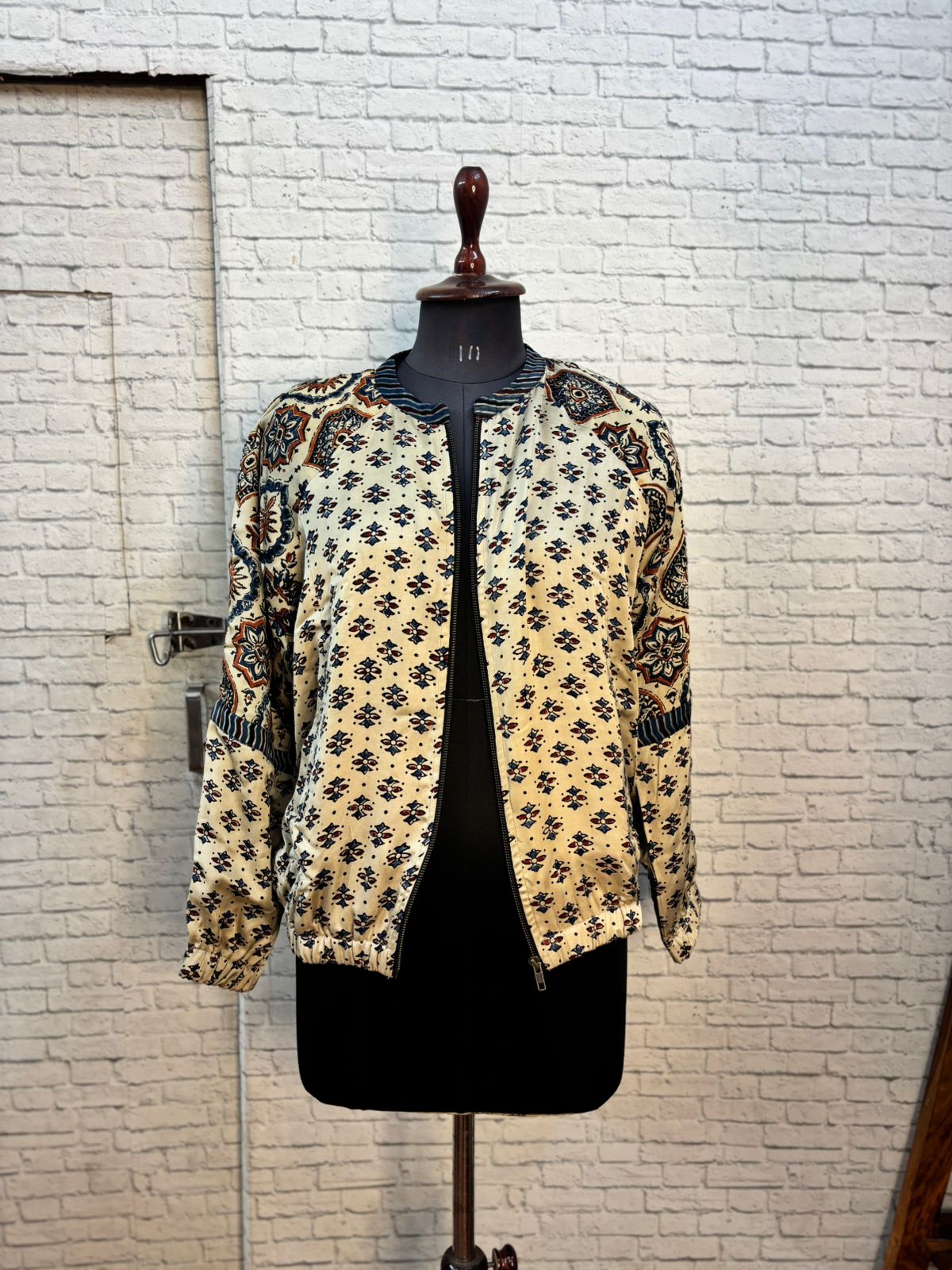 White Modal Silk Ajrakh Unisex Bomber Jacket