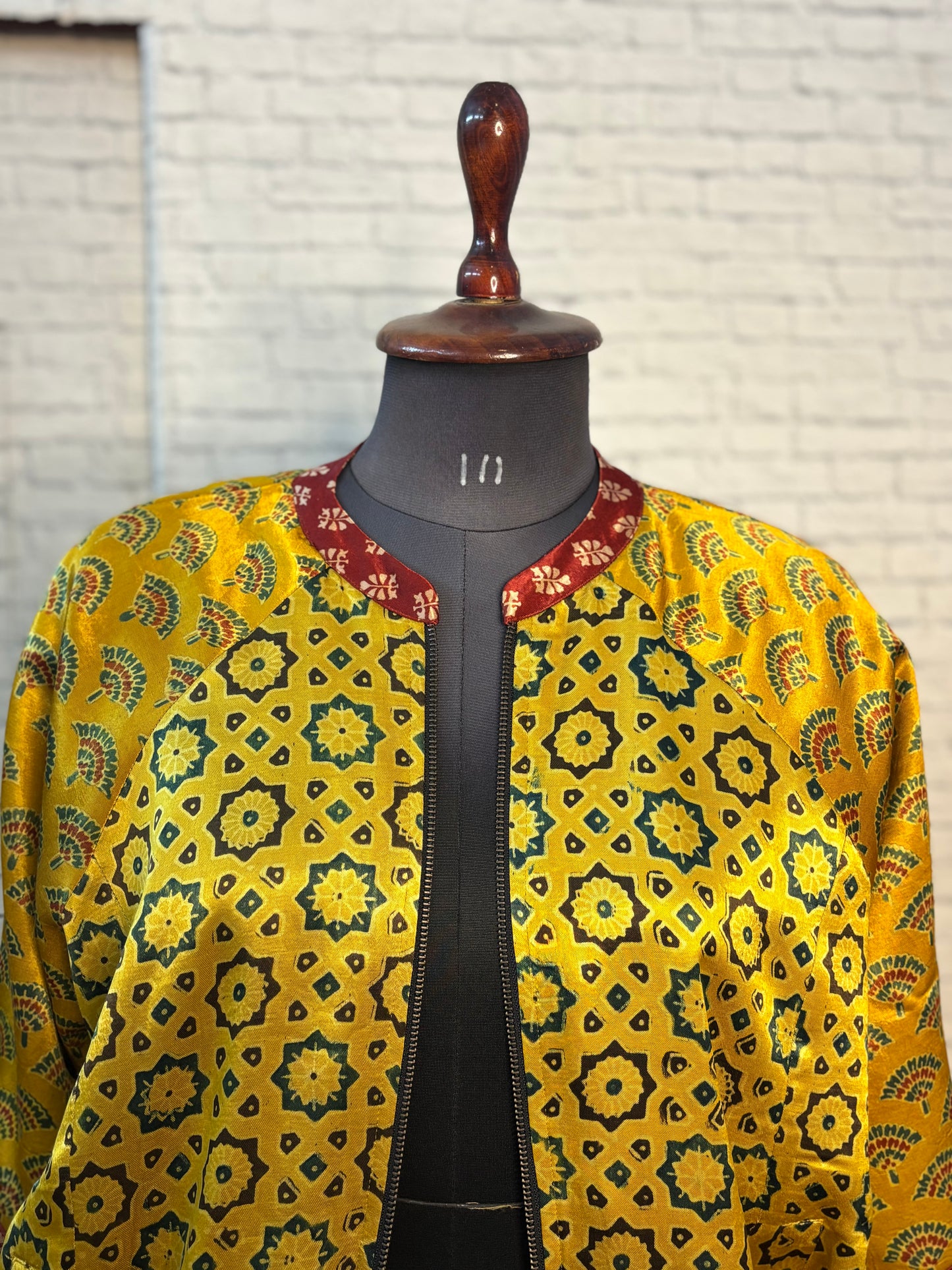Yellow Mashru Silk Ajrakh Unisex Bomber Jacket