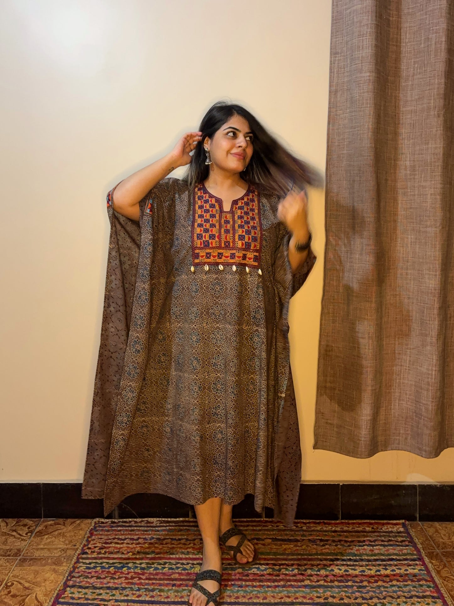 Greyish Brown Ajrakh Hand Embroidered Patch Kaftan