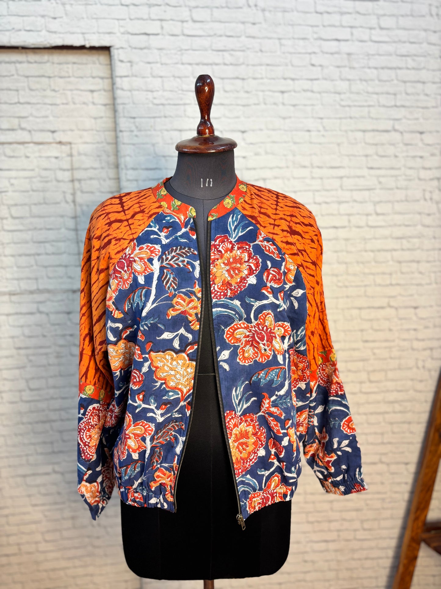 Blue Orange Hand Block Printed Unisex Bomber Jacket