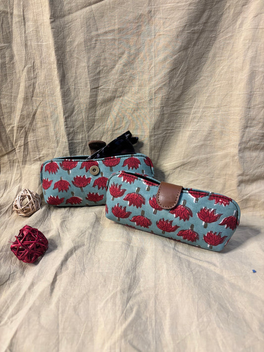 Green Red Hand Block Print Eyewear Case