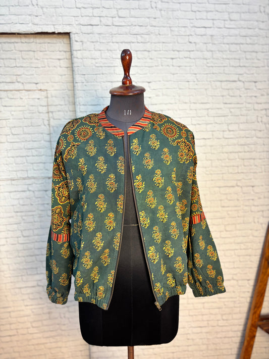 Green Ajrakh Hand Block Printed Unisex Bomber Jacket