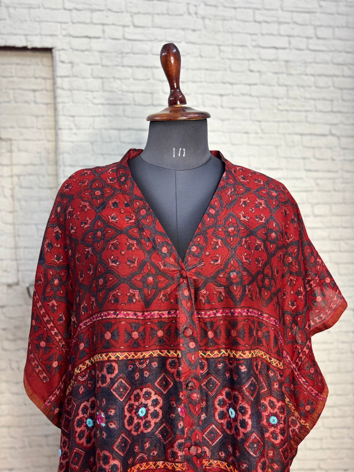 Red Ajrakh Chanderi Shirt Kaftan with Hand Embroidery