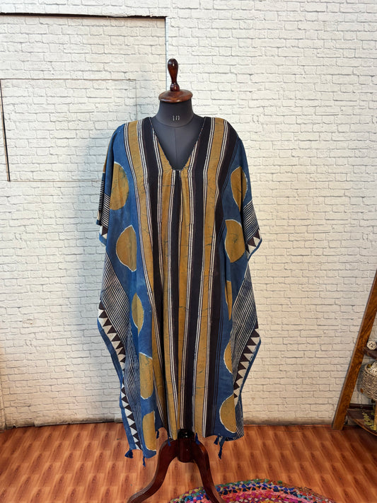 Indigo Mustard Ajrakh Long Kaftan with Gather and Tassels