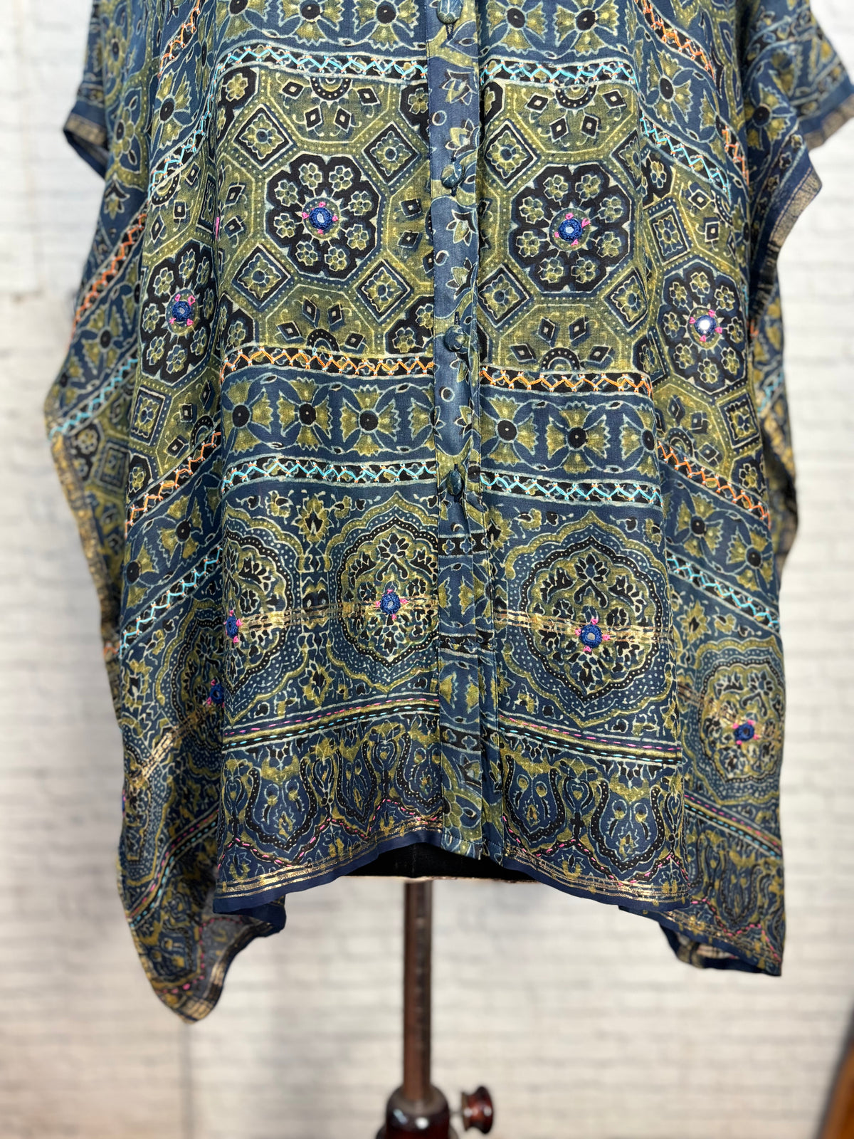 Indigo Green Ajrakh Chanderi Shirt Kaftan with Hand Embroidery