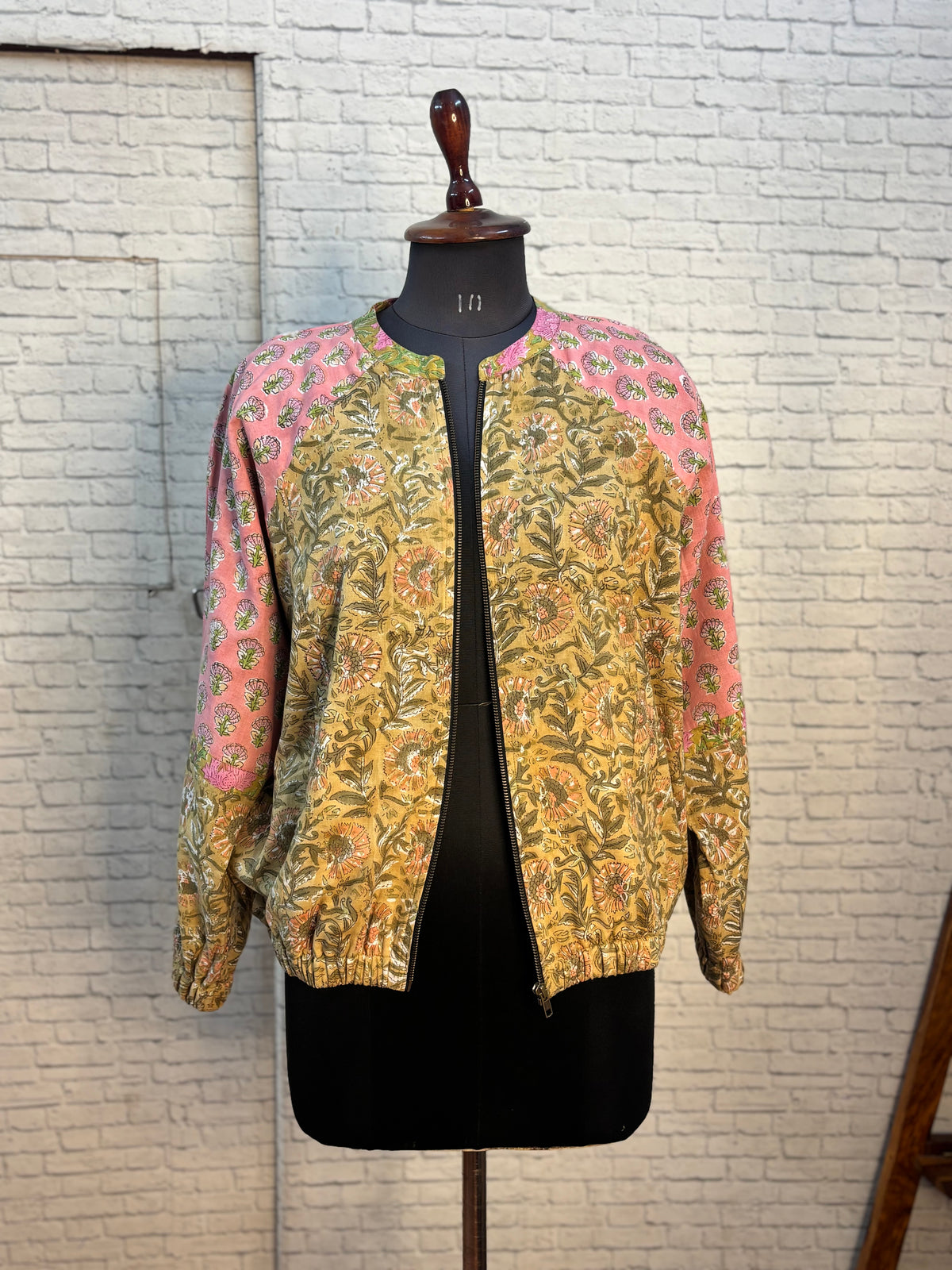 Brown Pink Hand Block Printed Unisex Bomber Jacket