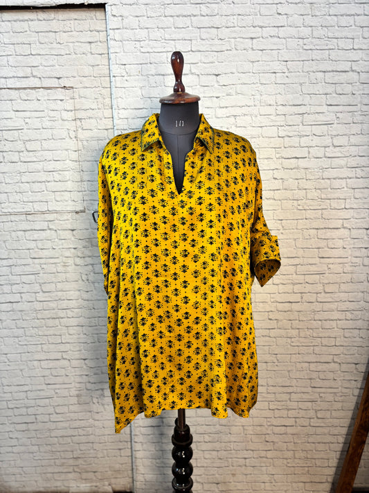 Yellow Modal Silk Ajrakh Kaftan Top