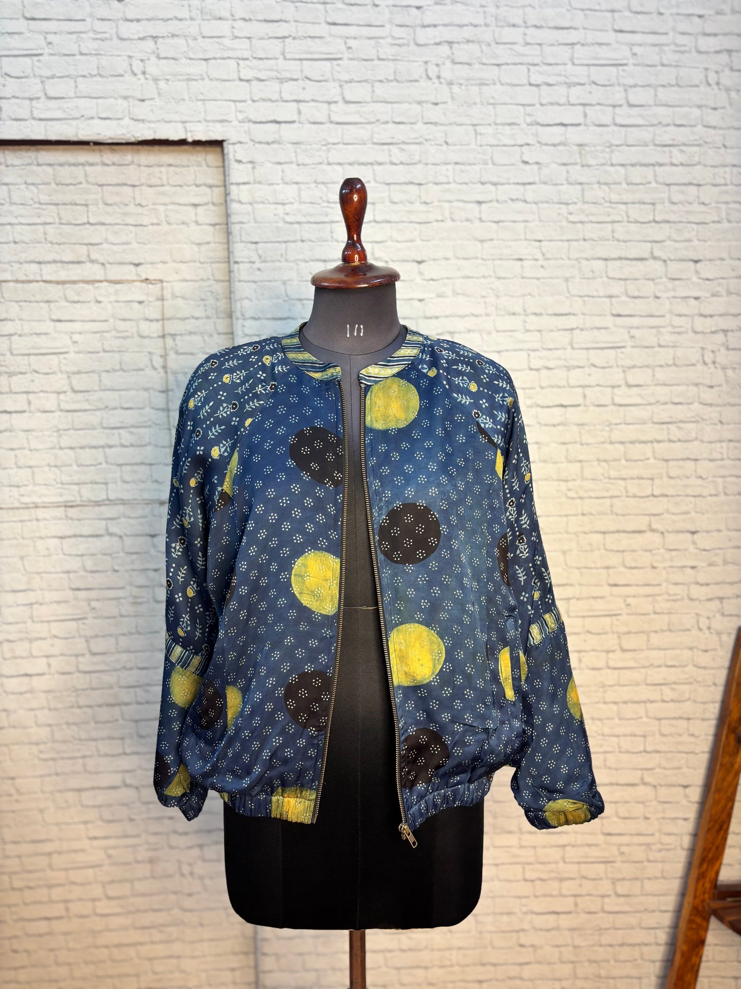 Indigo Green Modal Silk Ajrakh Unisex Bomber Jacket