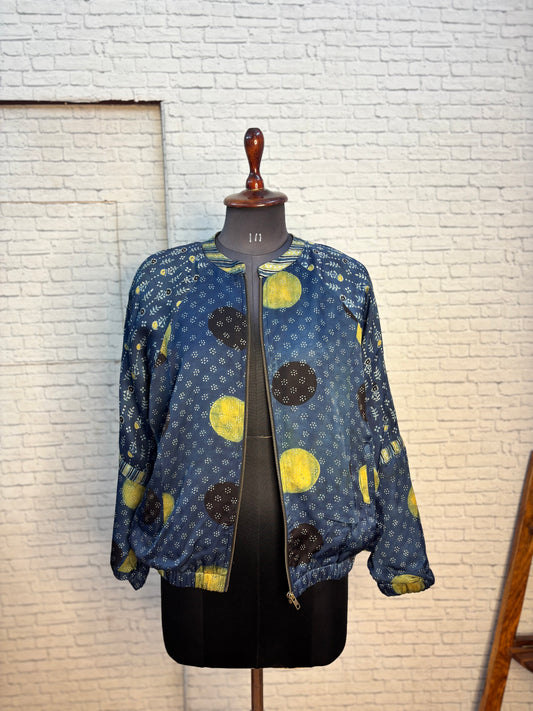 Indigo Green Modal Silk Ajrakh Unisex Bomber Jacket