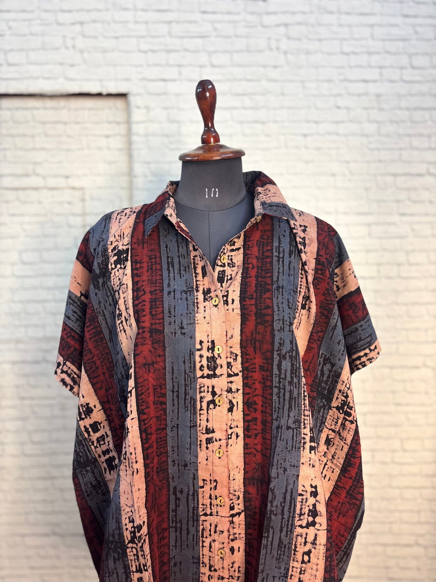 Black Red Brush Cotton High Low Shirt Kaftan