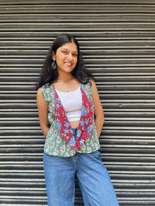 Red Green Hand Block Printed Reversible Waistcoat