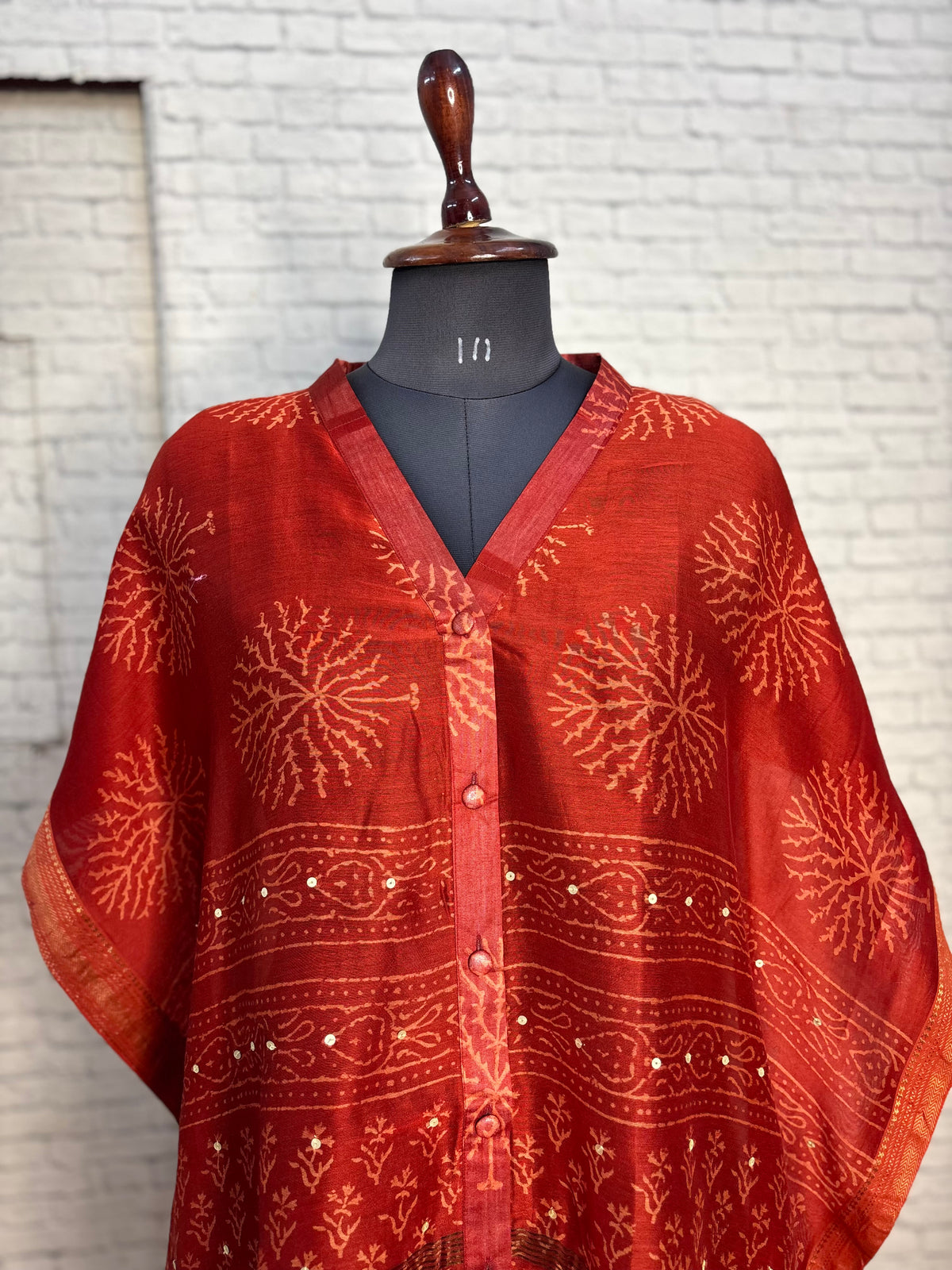 Red Dabu Chanderi Shirt Kaftan with Sequin Detailing