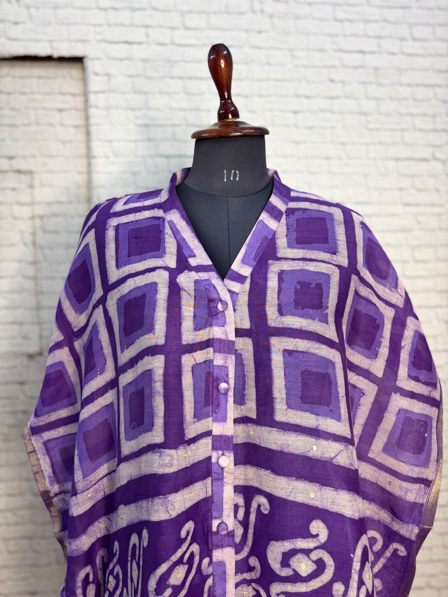 Purple Boxes Dabu Chanderi Shirt Kaftan with Sequin Detailing
