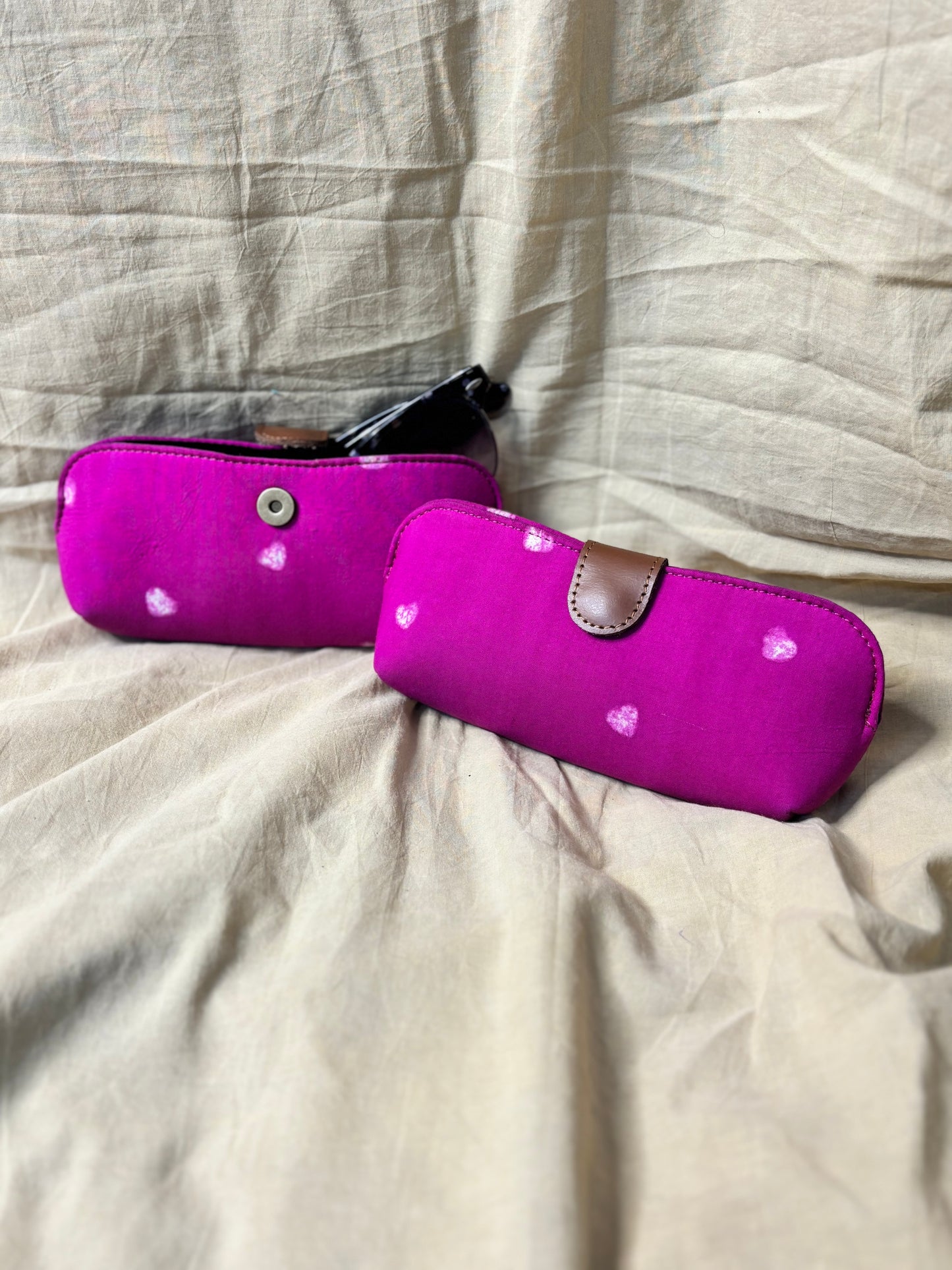 Pink Hearts Hand Block Print Eyewear Case