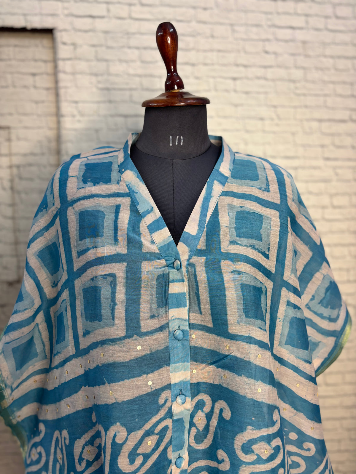 Blue Boxes Dabu Chanderi Shirt Kaftan with Sequin Detailing