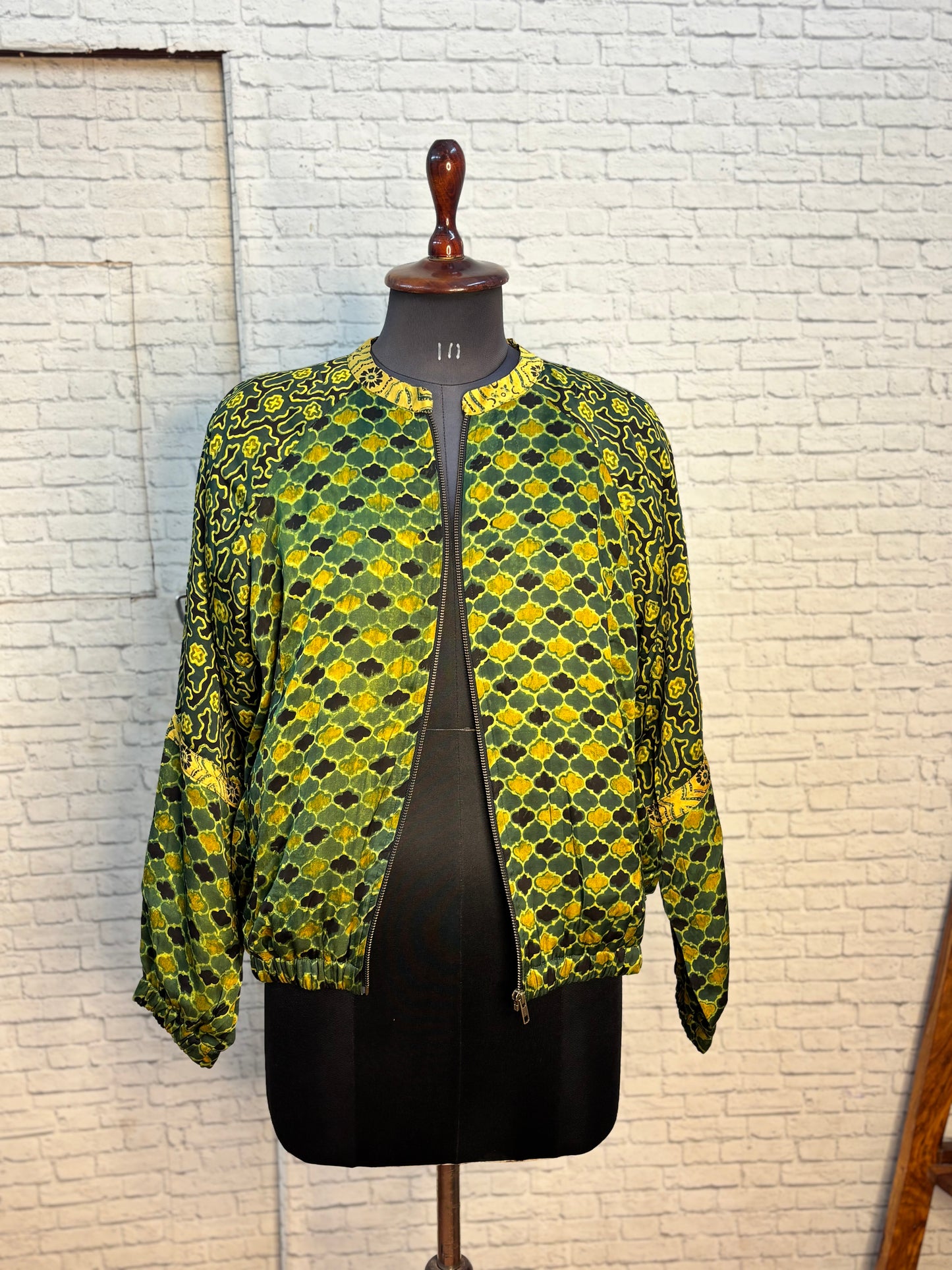 Green Modal Silk Ajrakh Unisex Bomber Jacket
