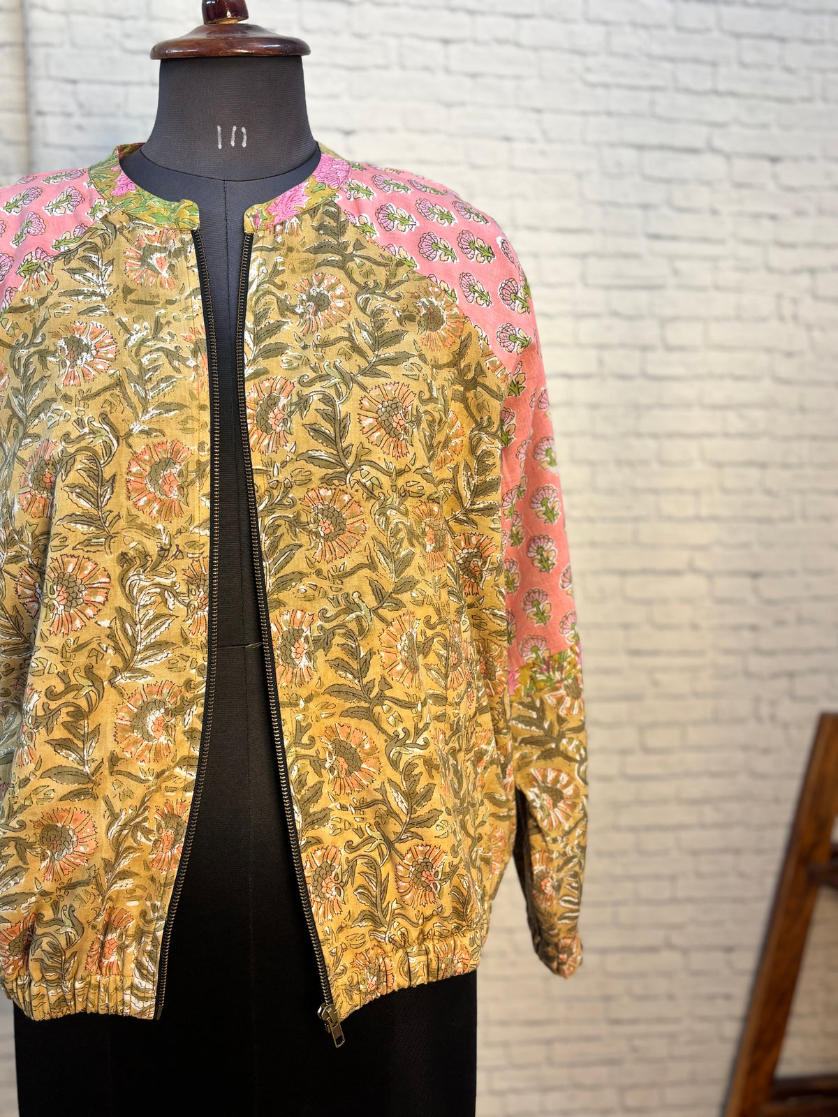 Brown Pink Hand Block Printed Unisex Bomber Jacket