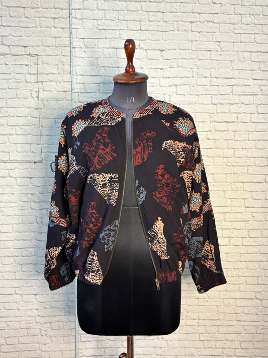 Black Ajrakh Hand Block Printed Unisex Bomber Jacket