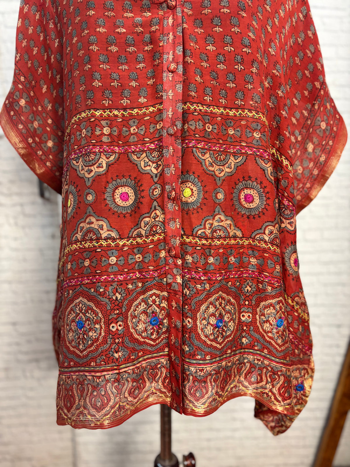 Red Ajrakh Chanderi Shirt Kaftan with Hand Embroidery