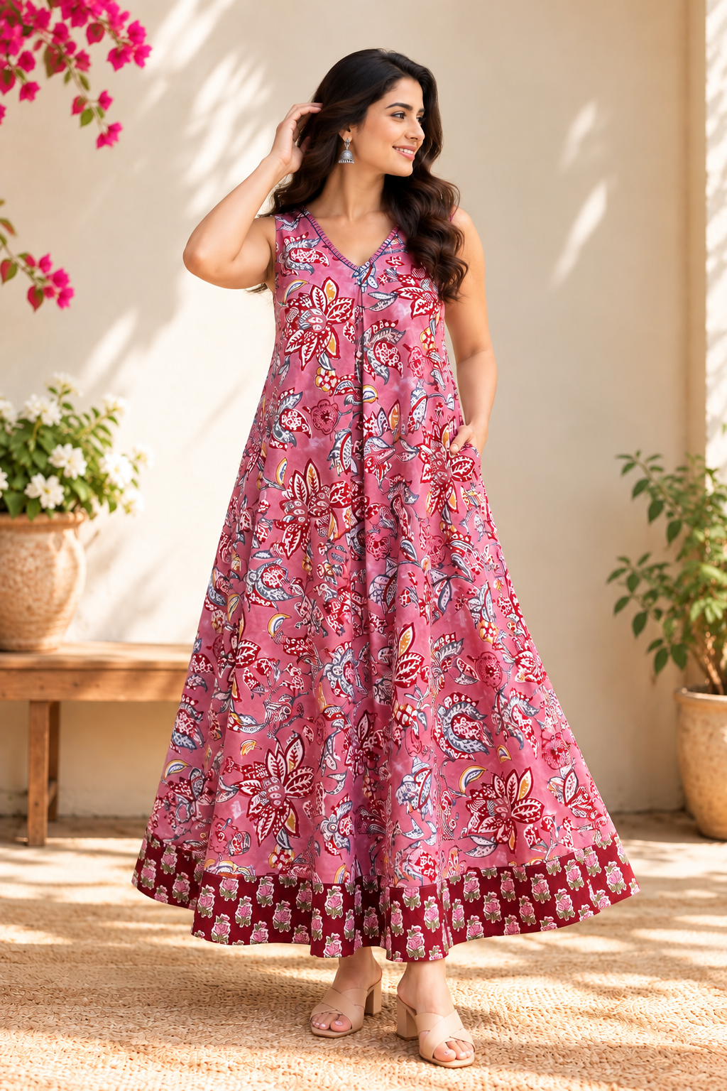 Pink Pop Sleeveless Hand Block Printed Flared Maxi Dress