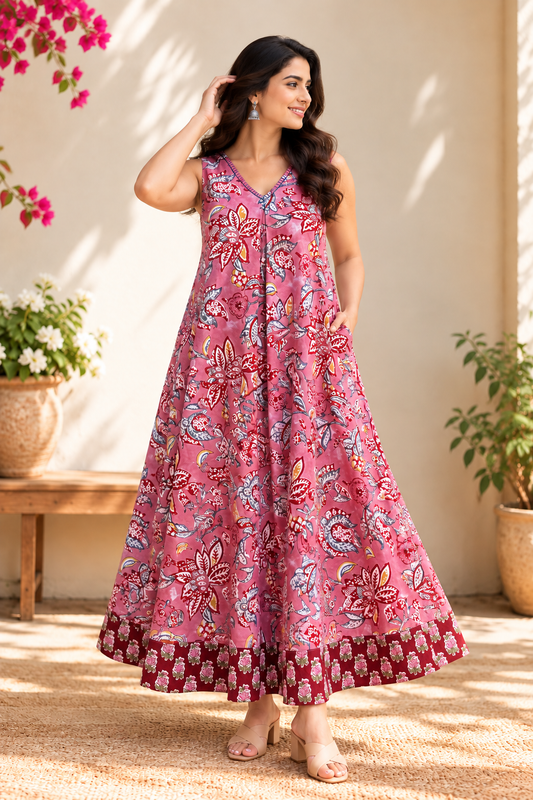 Pink Pop Sleeveless Hand Block Printed Flared Maxi Dress