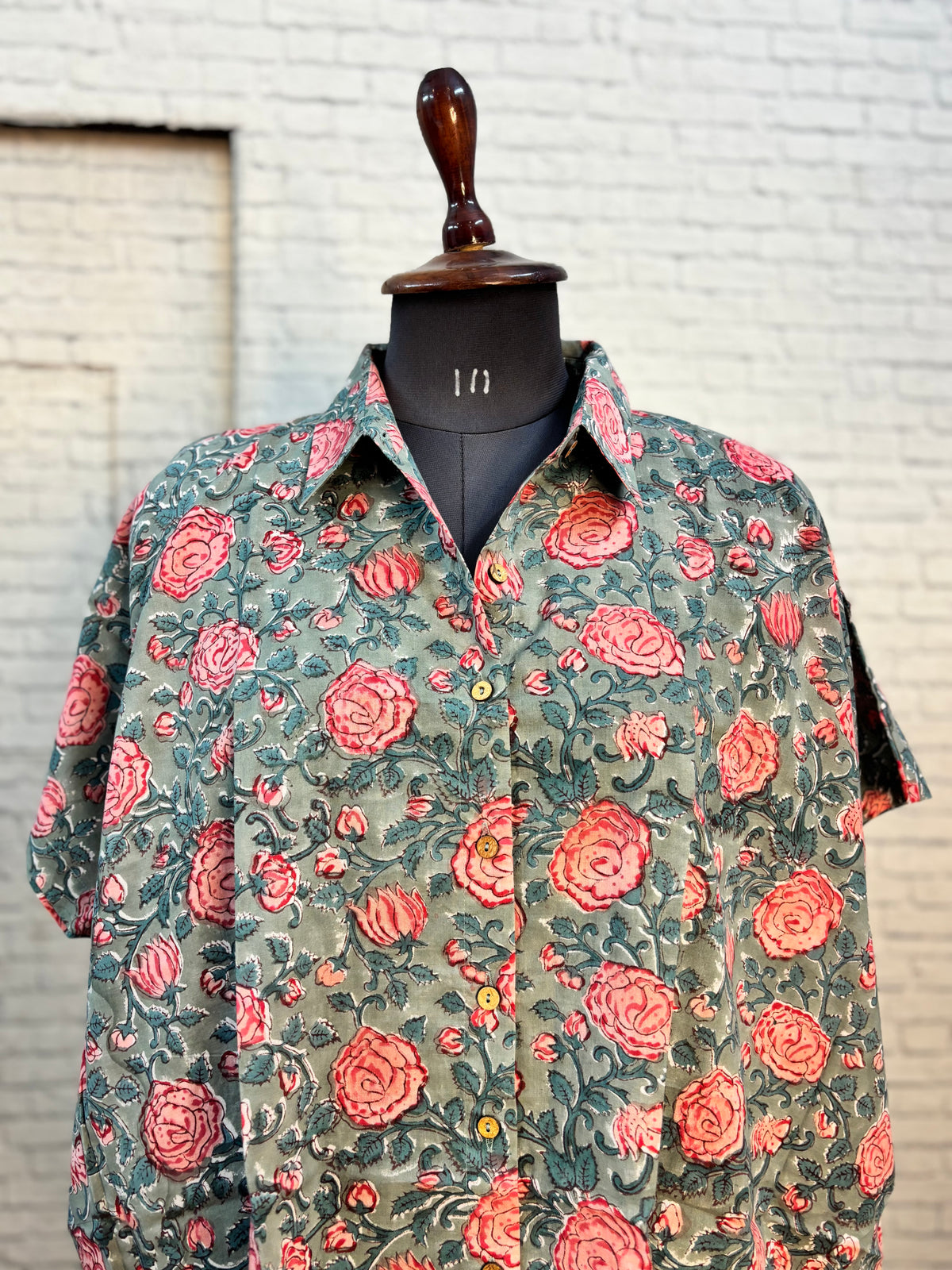 Grey Pink Roses Hand Block Printed Cotton High Low Shirt Kaftan