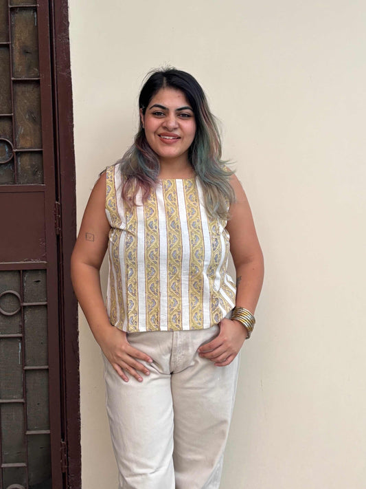 Snowdrop Hand Block Printed Sleeveless Crop Top