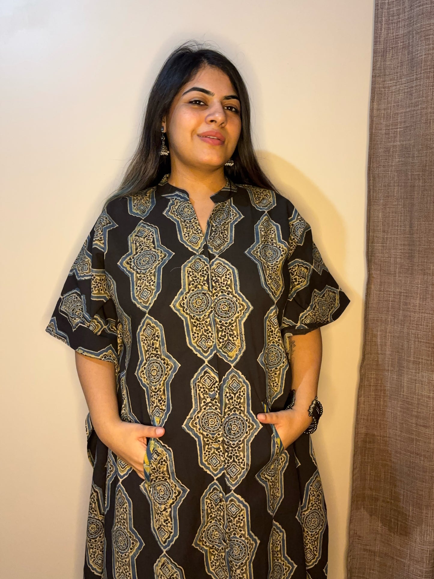 Black Olive Green High Low Midi Cotton Shirt Kaftan